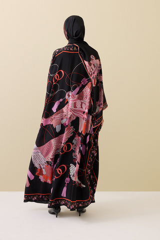 Kuşlu Noor Siyah-Kırmızı Krep İpek Kaftan