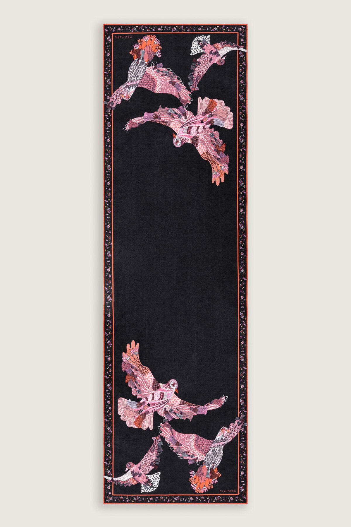 Kuşlu Noor Siyah-Kırmızı Krep İpek Kaftan Şalı 70x210