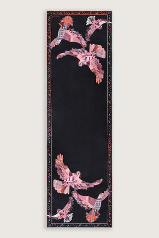 Kuşlu Noor Siyah-Kırmızı Krep İpek Kaftan Şalı 70x210