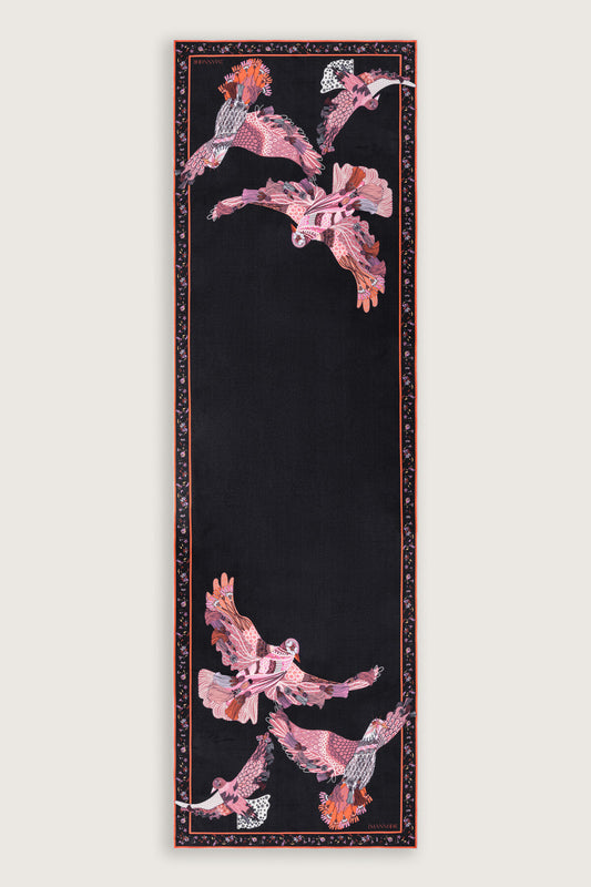 Kuşlu Noor Siyah-Kırmızı Krep İpek Kaftan Şalı 70x210