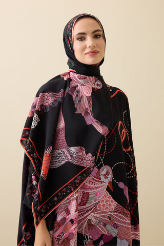 Kuşlu Noor Siyah-Kırmızı Krep İpek Kaftan Şalı 70x210