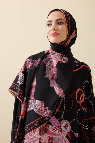Kuşlu Noor Siyah-Kırmızı Krep İpek Kaftan Şalı 70x210