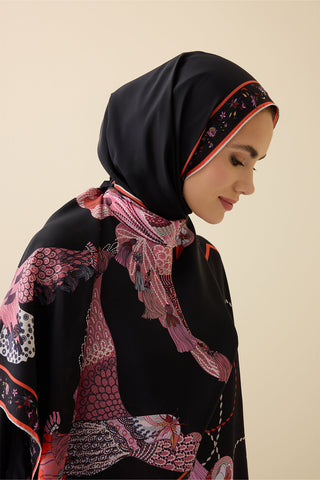 Kuşlu Noor Siyah-Kırmızı Krep İpek Kaftan Şalı 70x210