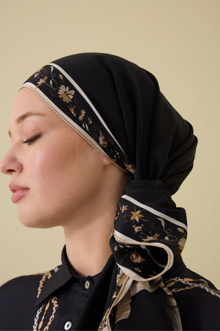 Kuşlu Noor Siyah Krep İpek Gömlek Şalı 70x210