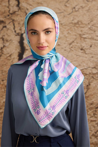 Lale Noor Turkuaz Tivil İpek Eşarp 90x90