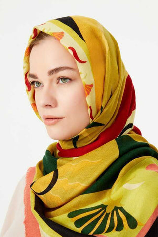 Lale Sarı Kaşmir İpek Şal 100x200