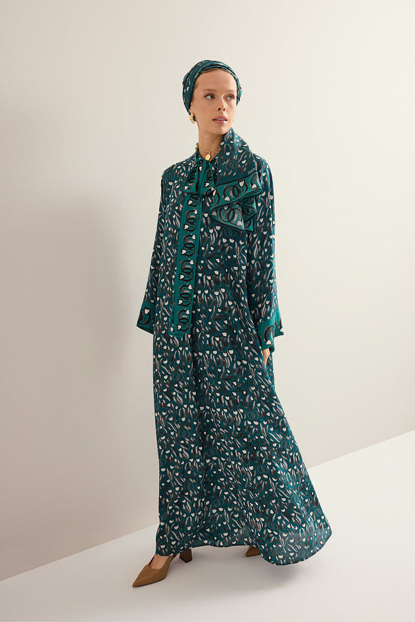 Tulip Field Petrol Neckline Crepe Silk Dress