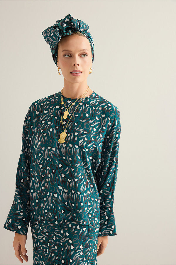 Tulip Field Petrol Silk Sleeved Blouse