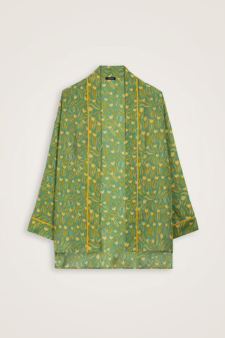 Lale Tarlası Yeşil Krep İpek Kısa Kimono