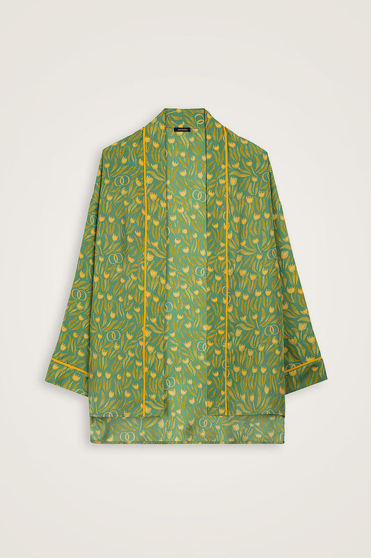 Lale Tarlası Yeşil Krep İpek Kısa Kimono