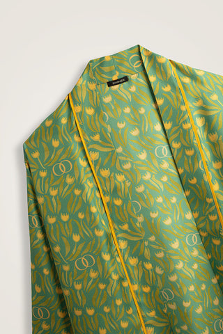 Lale Tarlası Yeşil Krep İpek Kısa Kimono