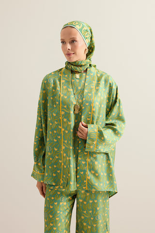 Lale Tarlası Yeşil Krep İpek Kısa Kimono