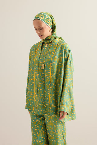 Lale Tarlası Yeşil Krep İpek Kısa Kimono