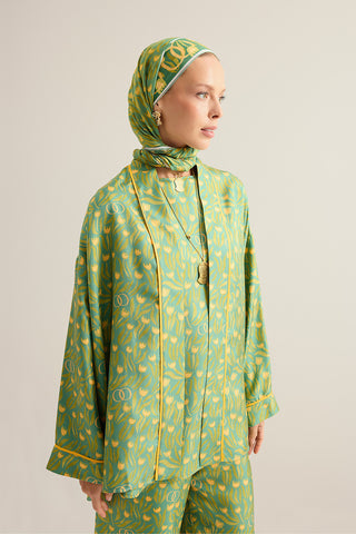 Lale Tarlası Yeşil Krep İpek Kısa Kimono