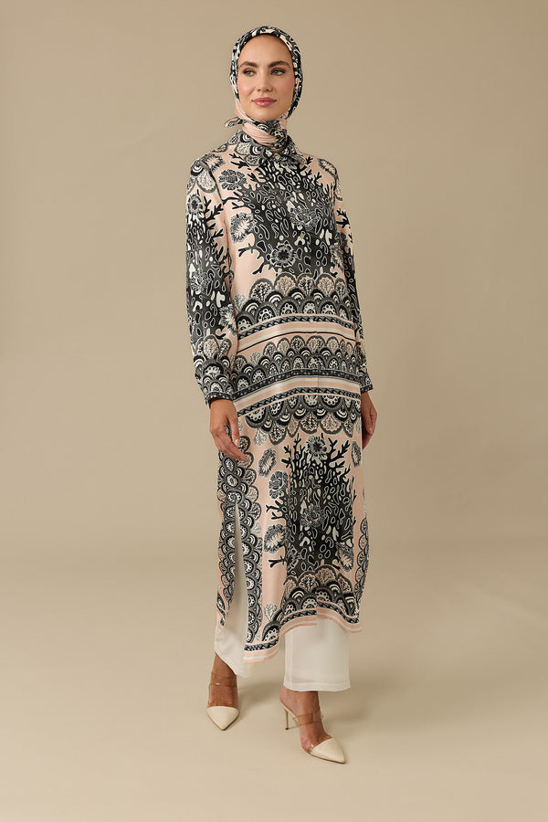 Coral Garden Grey Twill Silk Shirt Dress