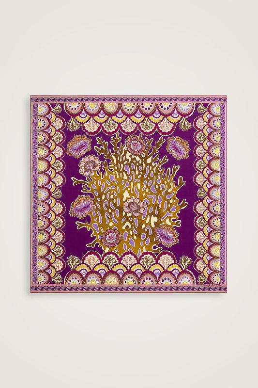Mercan Bahçesi Mürdüm Tivil İpek Eşarp 90x90