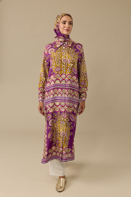 Coral Garden Plum Twill Silk Shirt Dress