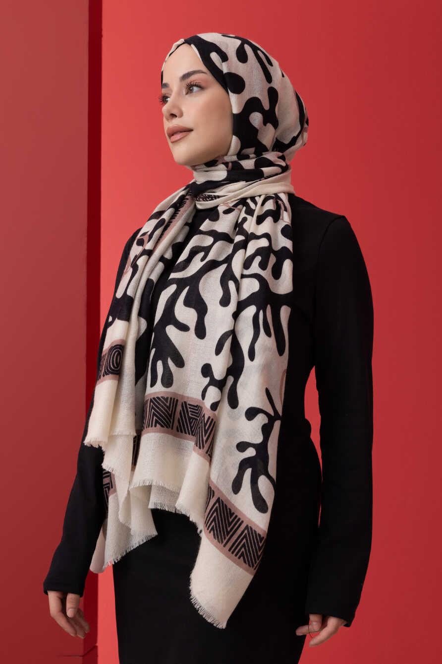 Mercan Krem Yün İpek Şal 100x200