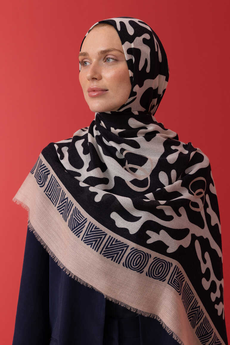 Mercan Siyah Yün İpek Şal 100x200