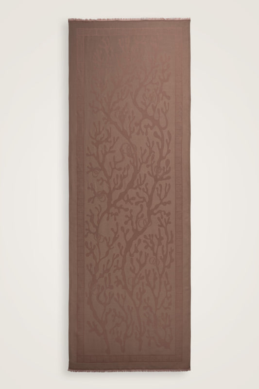 Mercan Sütlü Kahve Jakarlı İpek Şal 70x200