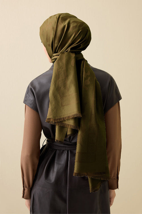 Coral Oil Green Jacquard Silk Shawl