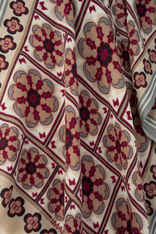 Mihrab Motif Bej-Bordo Yün Şal 70x200