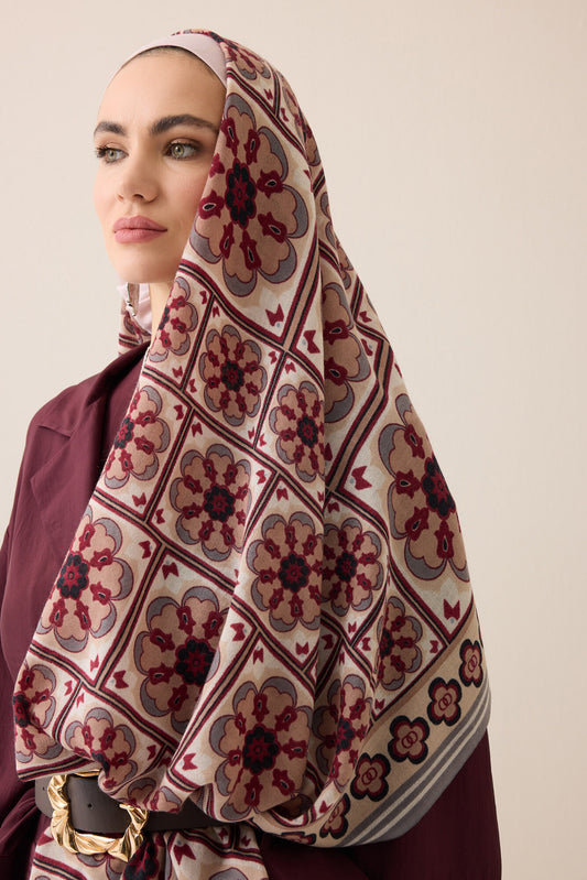 Mihrab Motif Bej-Bordo Yün Şal 70x200