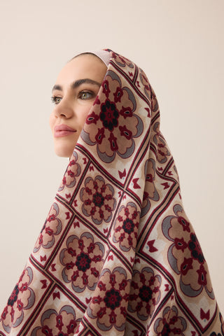 Mihrab Motif Bej-Bordo Yün Şal 70x200