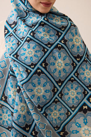 Mihrab Motif Turkuaz-Gri Yün Şal 70x200