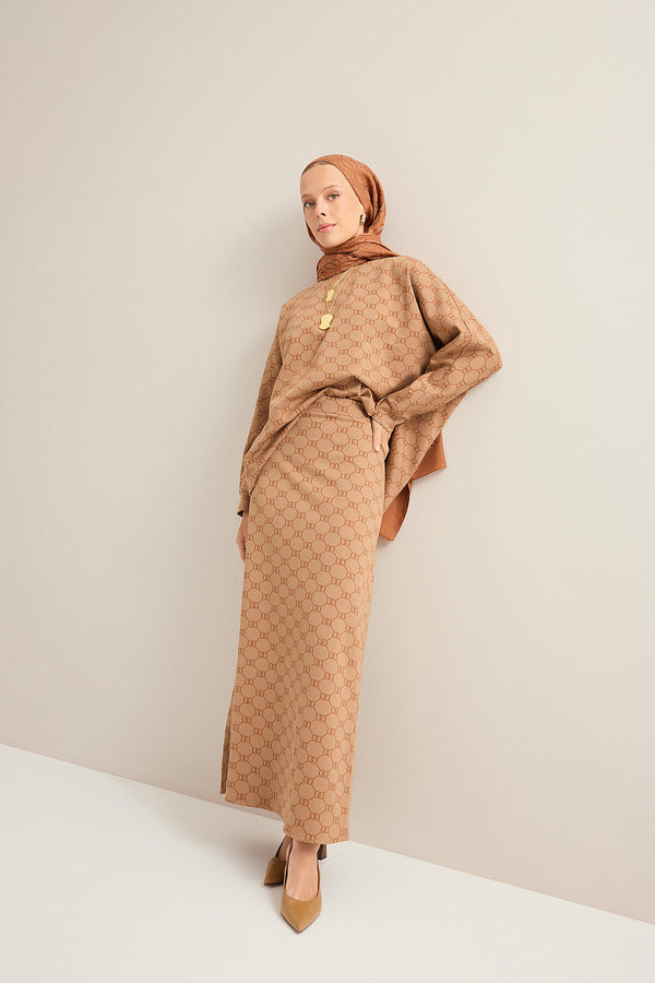 Monogram Jacquard Light Brown Knit Skirt