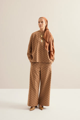 Monogram Jakar Açık Kahve Örme Pantolon