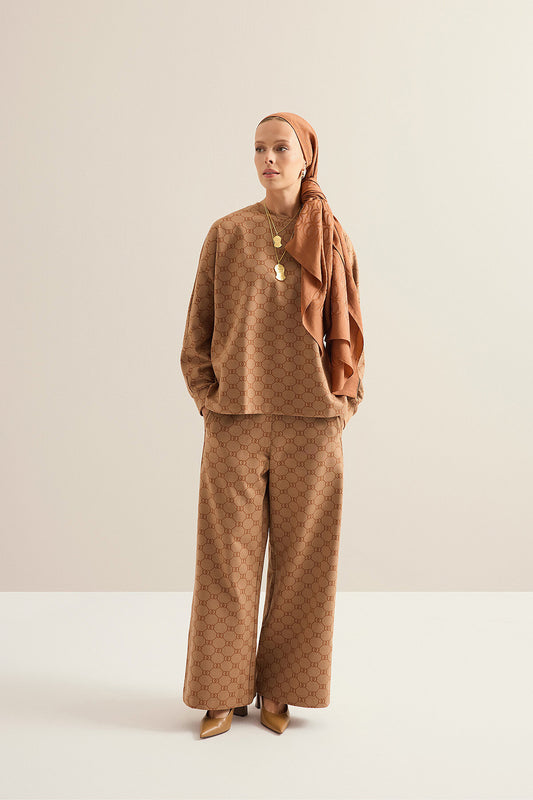Monogram Jakar Açık Kahve Örme Pantolon