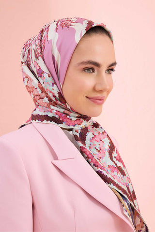 Mozaik Havuz Pembe-Yeşil Çift Taraflı Tivil İpek Eşarp 90x90