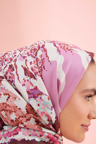 Mozaik Havuz Pembe-Yeşil Çift Taraflı Tivil İpek Eşarp 90x90