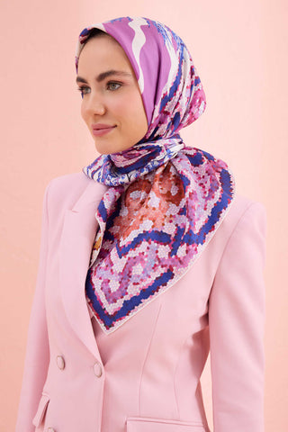 Mozaik Havuz Turuncu-Pembe Çift Taraflı Tivil İpek Eşarp 90x90