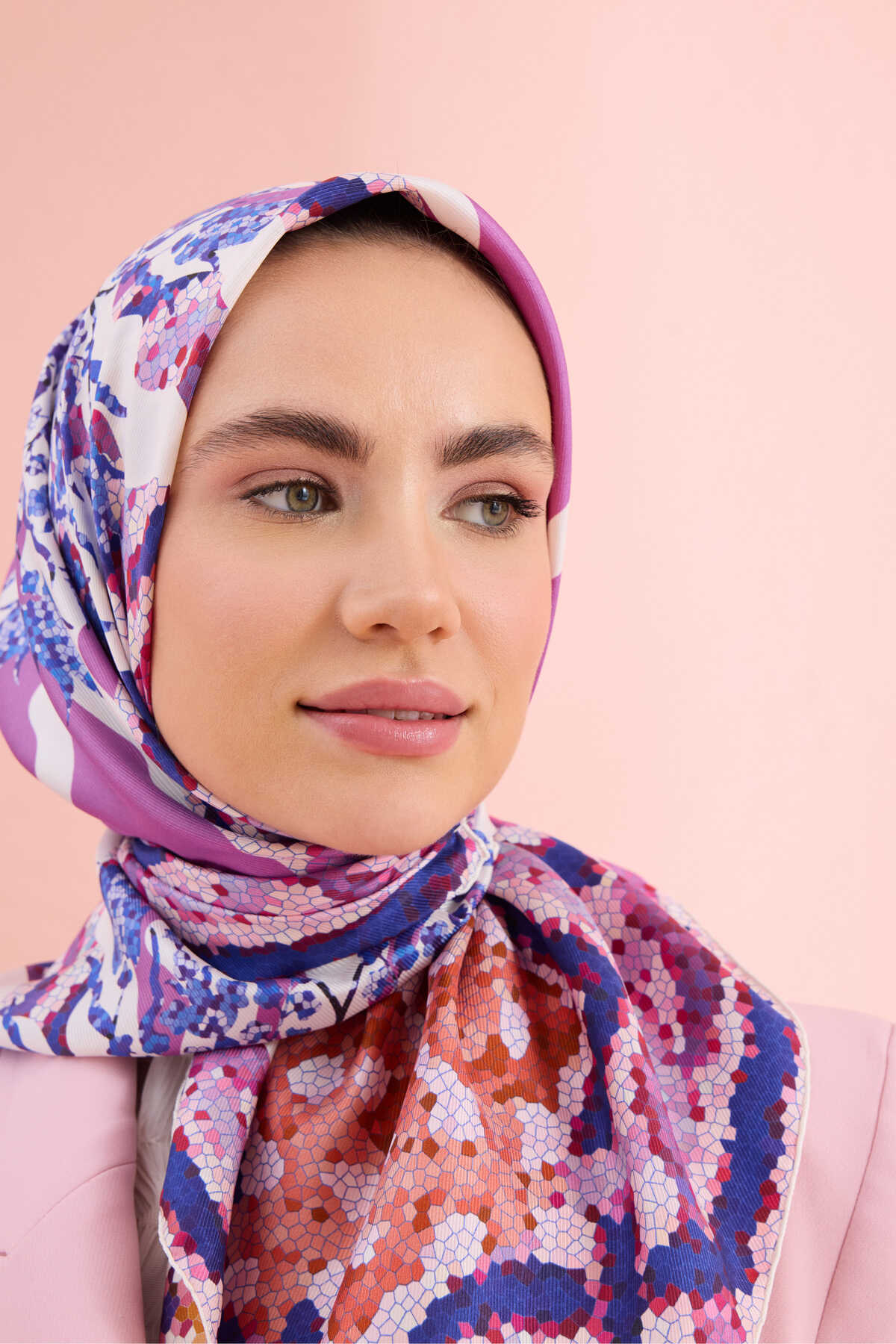 Mozaik Havuz Turuncu-Pembe Çift Taraflı Tivil İpek Eşarp 90x90
