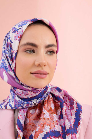 Mozaik Havuz Turuncu-Pembe Çift Taraflı Tivil İpek Eşarp 90x90