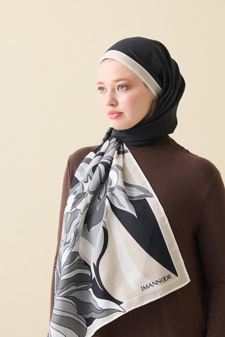Neşe Desen Siyah-Bej Pamuk İpek Şal 70x210