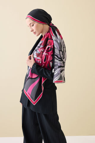 Neşe Desen Siyah-Pembe Pamuk İpek Şal 70x210