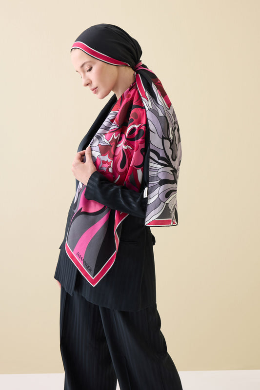Neşe Desen Siyah-Pembe Pamuk İpek Şal 70x210