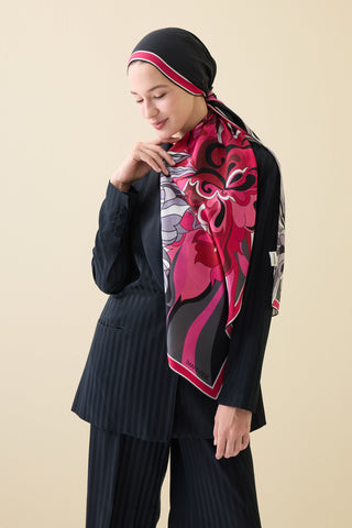 Neşe Desen Siyah-Pembe Pamuk İpek Şal 70x210
