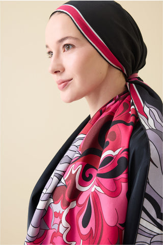 Neşe Desen Siyah-Pembe Pamuk İpek Şal 70x210