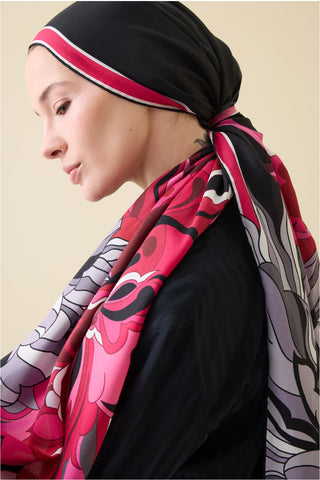 Neşe Desen Siyah-Pembe Pamuk İpek Şal 70x210
