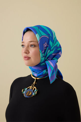 Neşe Saks-Turkuaz Tivil İpek Eşarp 90x90