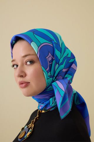 Neşe Saks-Turkuaz Tivil İpek Eşarp 90x90