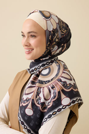 Lotus Black Twill Silk Scarf