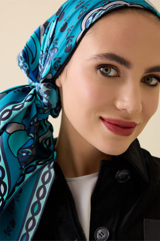 Nilüfer Turkuaz Tivil İpek Eşarp 90x90