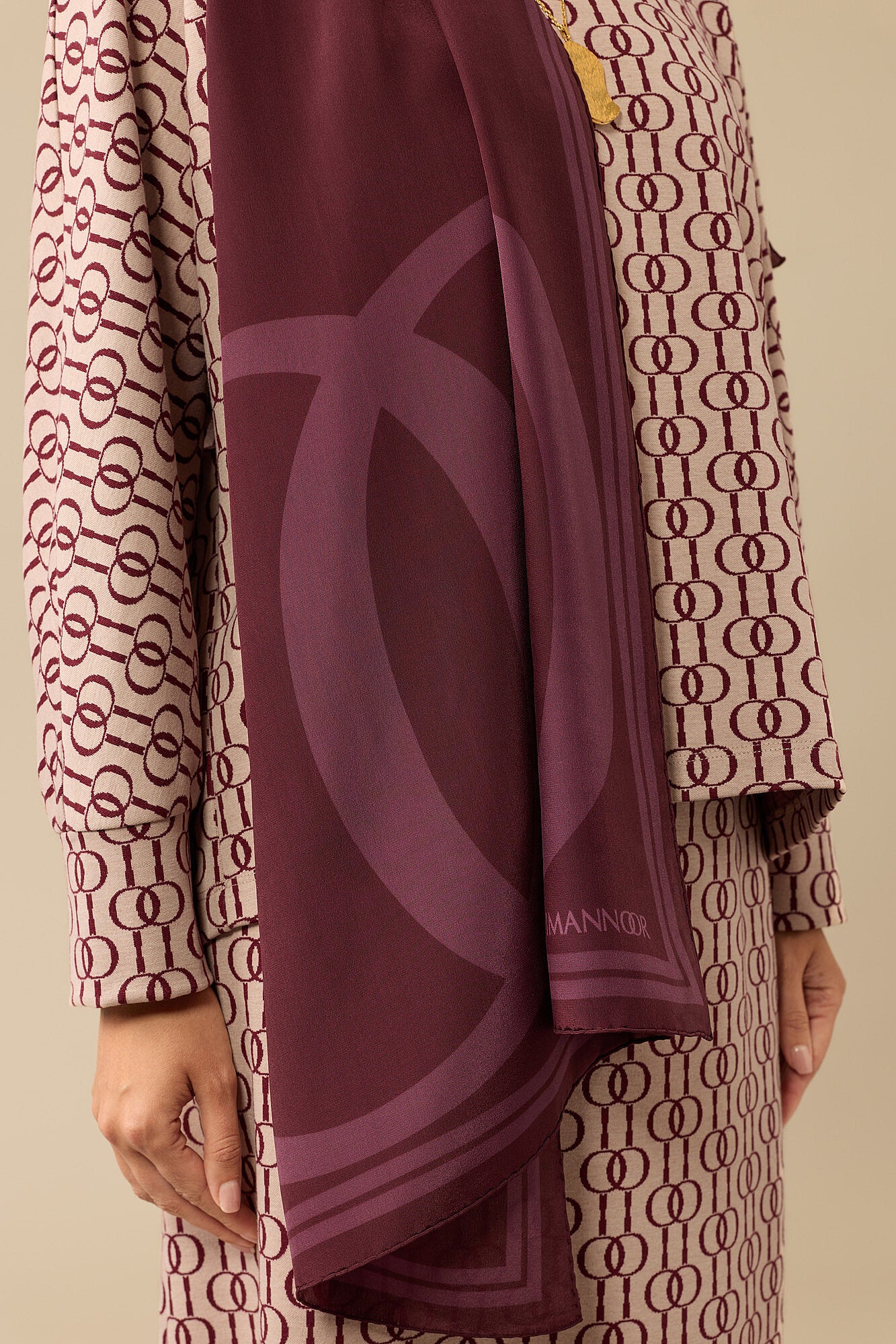 Noor Logo Bordo Krep İpek Şal 70x210