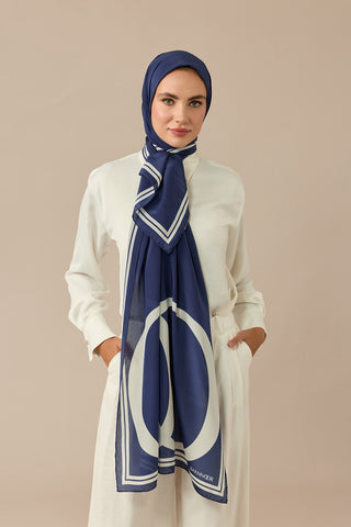 Noor Logo Lacivert Krep İpek Şal 70x210