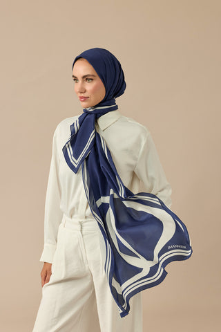 Noor Logo Lacivert Krep İpek Şal 70x210